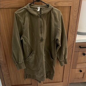 Olive Green zip up sweater and oatmeal, cozy cardigan, both from anthropology